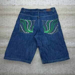 Vintage Skater Wide Leg Jean Shorts Risk Dark Wash Green Baggy 14" Inseam Y2K